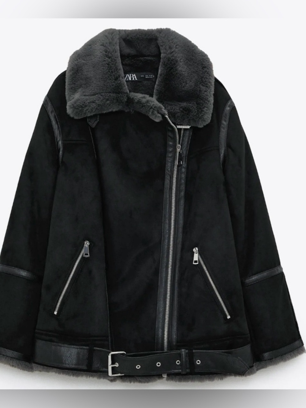 Zara blk  vegan shearling biker jacket w/ dark grey vegan fur lining Sz:M